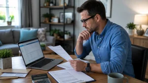 Employee checking pay during suspension using a laptop and employment documents