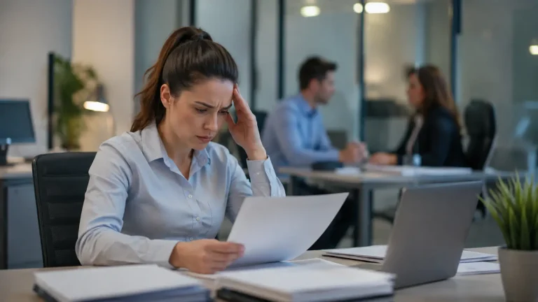 Employee reviewing suspension letter after being suspended from work pending investigation in a modern office