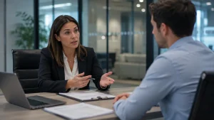 HR explaining what suspended pending investigation means during a workplace meeting