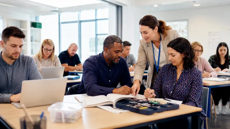 Adults over 25 attending a government-funded training course in a modern UK college classroom.