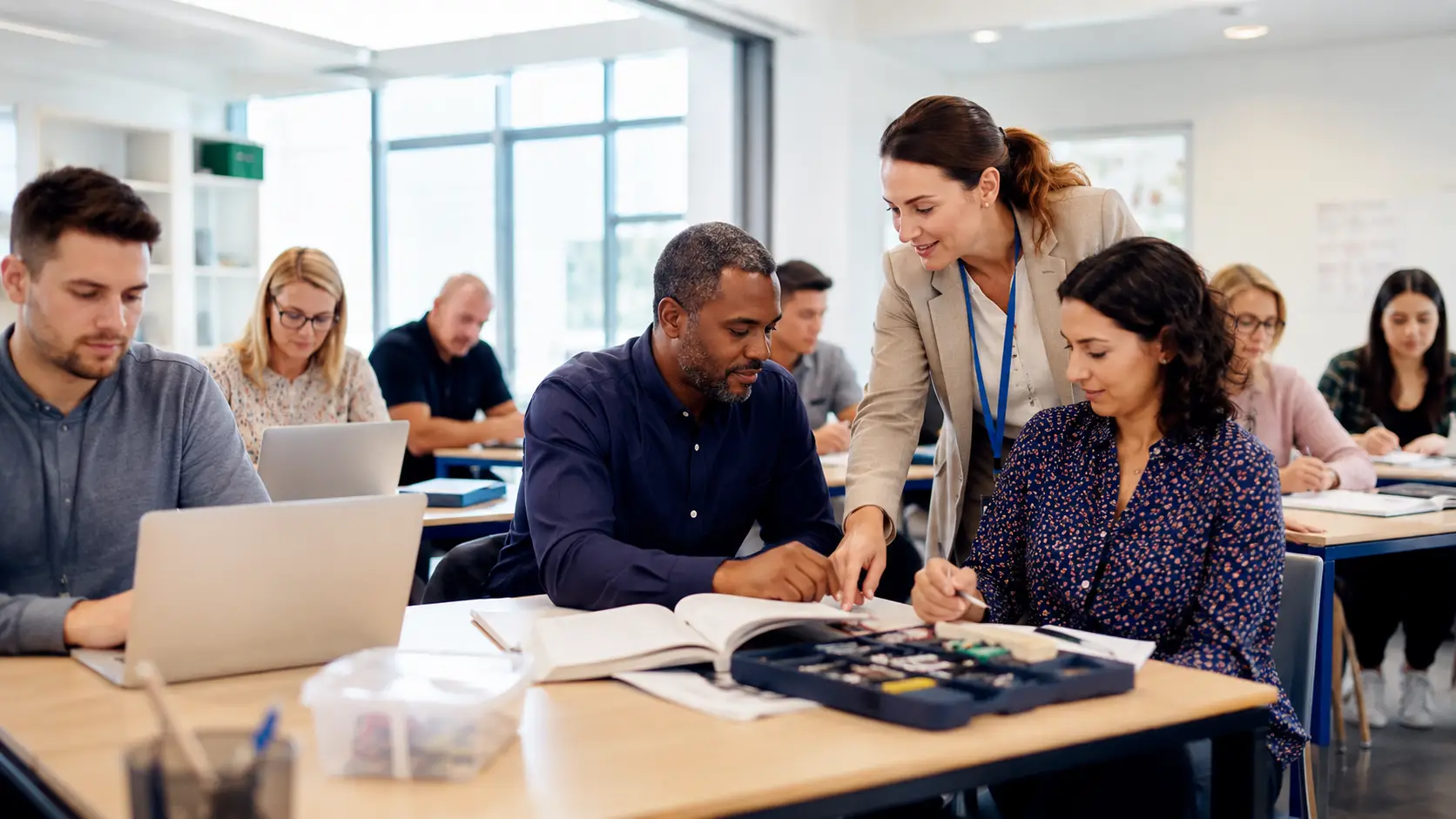 Adults over 25 attending a government-funded training course in a modern UK college classroom.