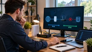 Technician checking CGNAT, double NAT, firewall and IPv4 or IPv6 connection issues on a home network.