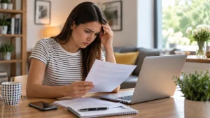 Woman reviewing a financial letter beside a laptop at home with a concerned expression.