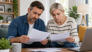Worried couple reviewing letters and financial documents together at home.